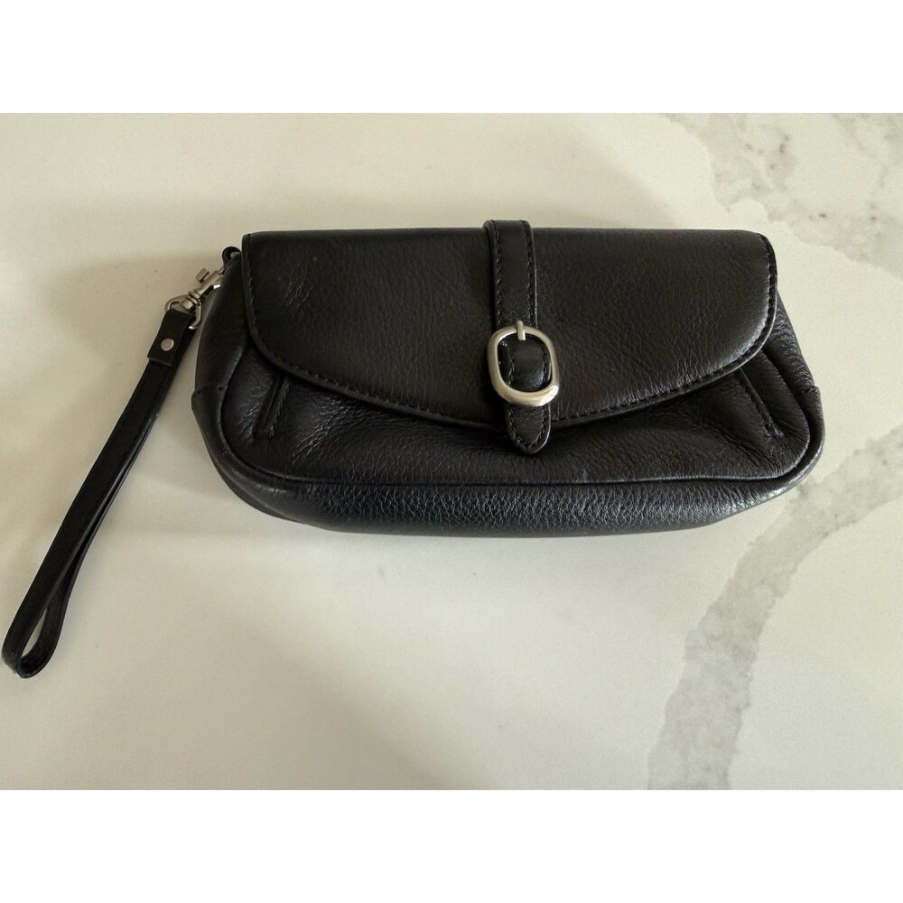 Talbots Genuine Leather Wristlet Clutch Wallet Front Flap Buckle Snap Black